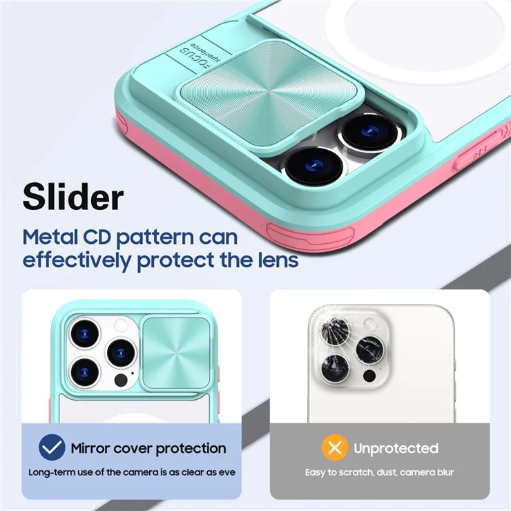 For iPhone 16 Pro Clear Phone Case Compatible with MagSafe PC Cover with Camera Lens Slider - Blue / Pink
