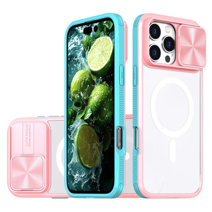 For iPhone 16 Pro Max Clear Phone Case Compatible with MagSafe PC Cover with Camera Lens Slider - Pink / Cyan