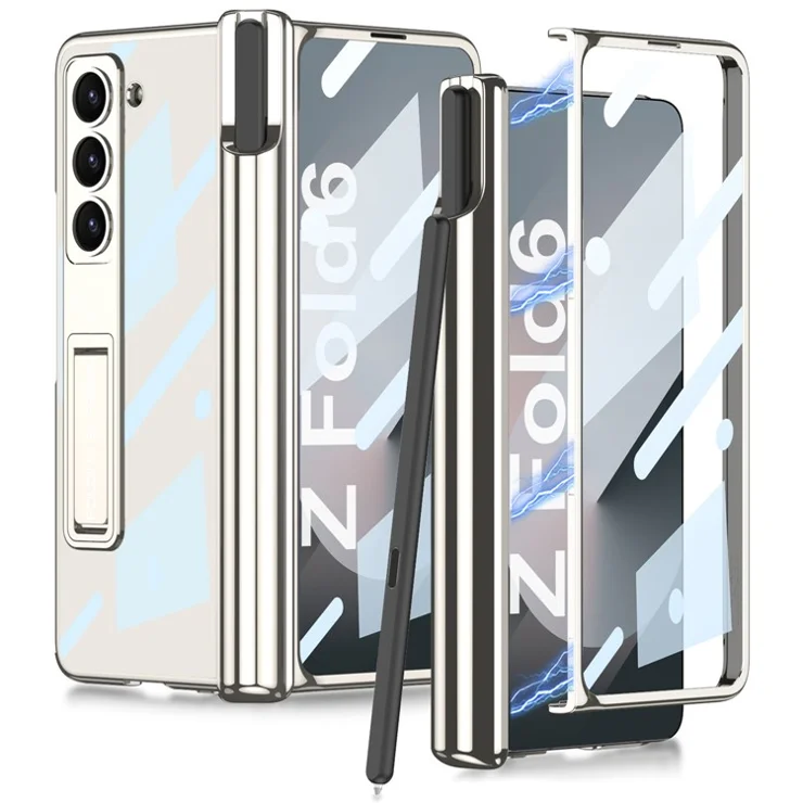 GKK For Samsung Galaxy Z Fold6 5G Case Pencil Slot Kickstand PC Phone Cover with Screen Film - White