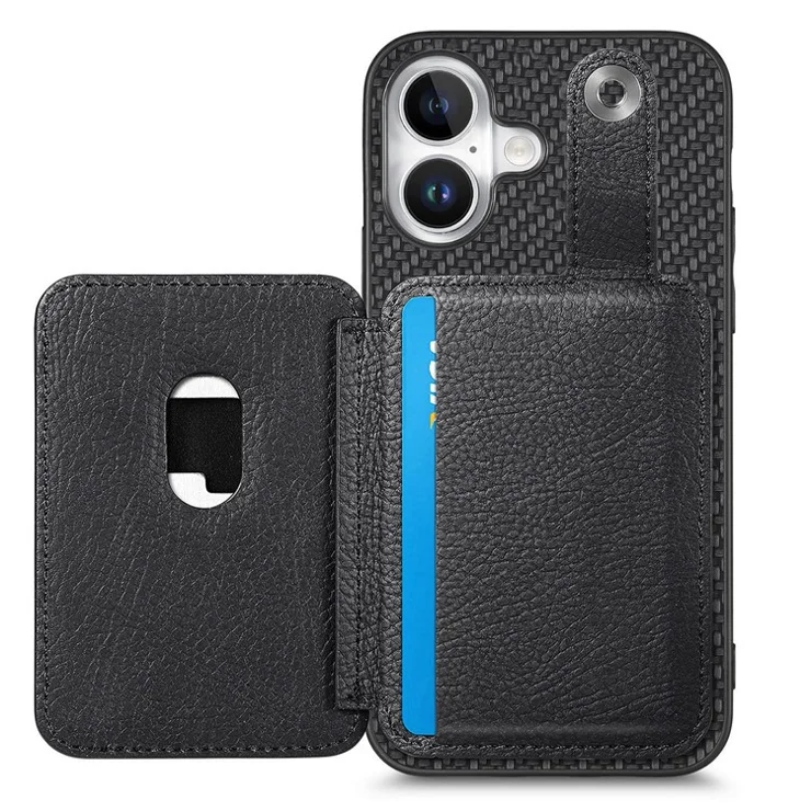 Style B C1-06 For iPhone 16 Case Card Holder Leather+PC+TPU Phone with Card Knife - Black