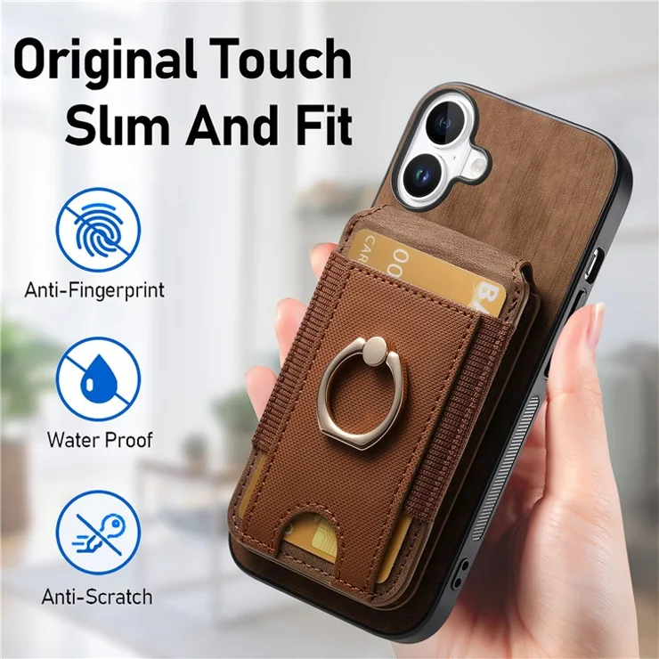 For iPhone 16 Case Compatible with MagSafe Leather Back Cover with Detachable Card Holder Kickstand - Brown