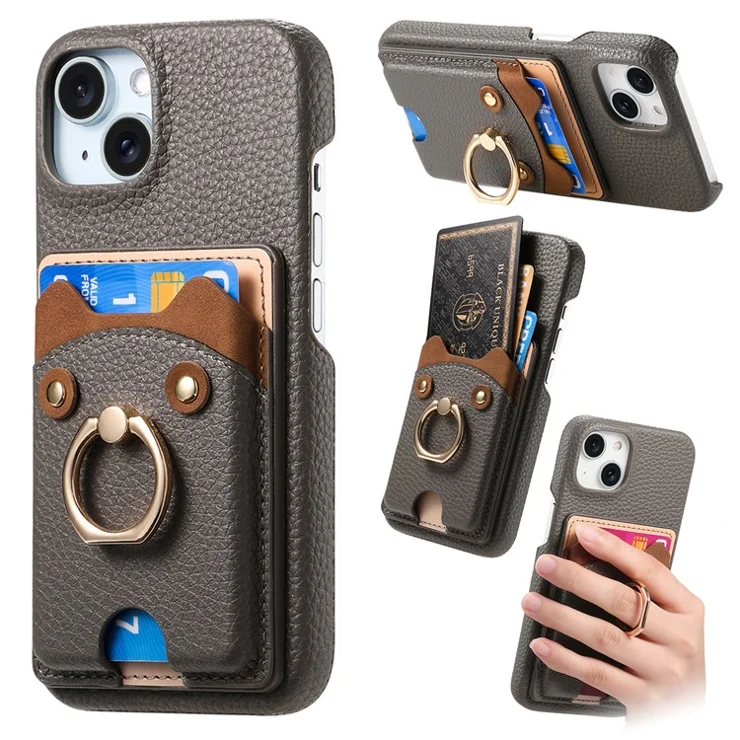 Y6 For iPhone 14 Case Cute Bear Design PU Leather+TPU Card Holder Phone Cover - Grey