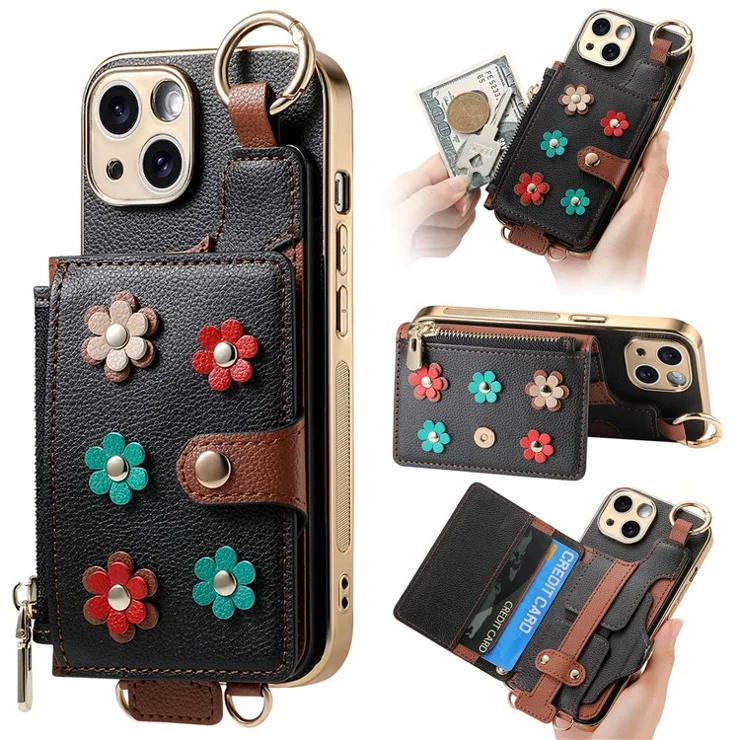 Y6 For iPhone 14 Case Detachable Card Holder PU Leather+TPU Flower Aesthetic Phone Cover with Straps - Black