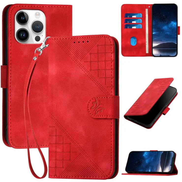For iPhone 15 Pro Max Leather Wallet Case Butterfly Flower Imprinted Phone Cover with Strap - Red