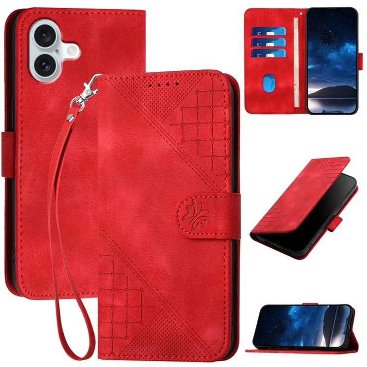 For iPhone 16 Plus Leather Wallet Case Butterfly Flower Imprinted Phone Cover with Strap - Red