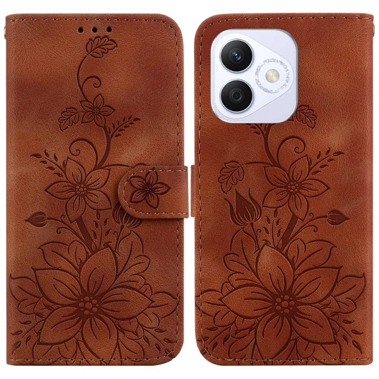 For Honor X60i 5G Case Lily Flower Imprint Leather Phone Cover with Stand - Brown