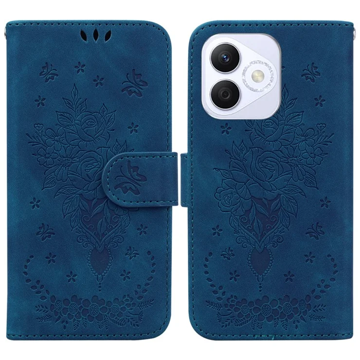 For Honor X60i 5G Case PU Leather Wallet Phone Cover Butterfly Flower Imprint - Blue