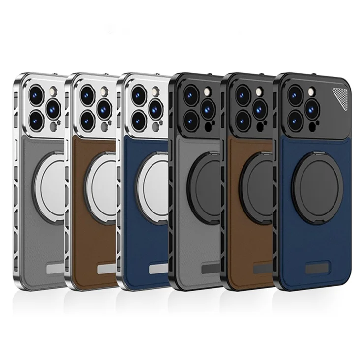 For iPhone 15 Pro Max Case Magnetic Closure Back Plate + Metal Frame Phone Cover with Kickstand - Black / Dark Brown