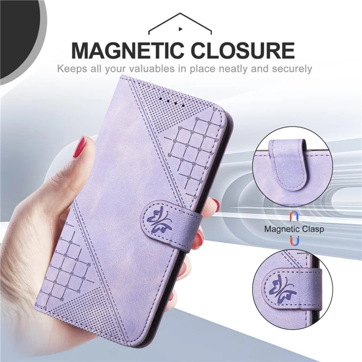 For Samsung Galaxy F55 5G / C55 5G / M55 5G Leather Wallet Case Butterfly Flower Imprinted Phone Cover with Strap - Light Purple