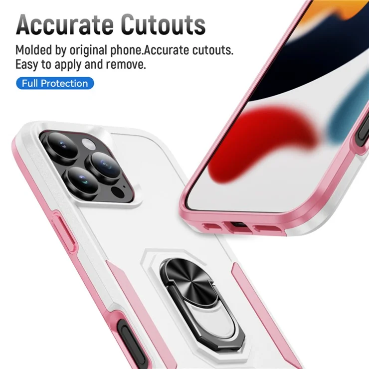 For iPhone 16 Pro Max Case Military Grade Ring Kickstand PC+TPU Phone Cover - White+Pink