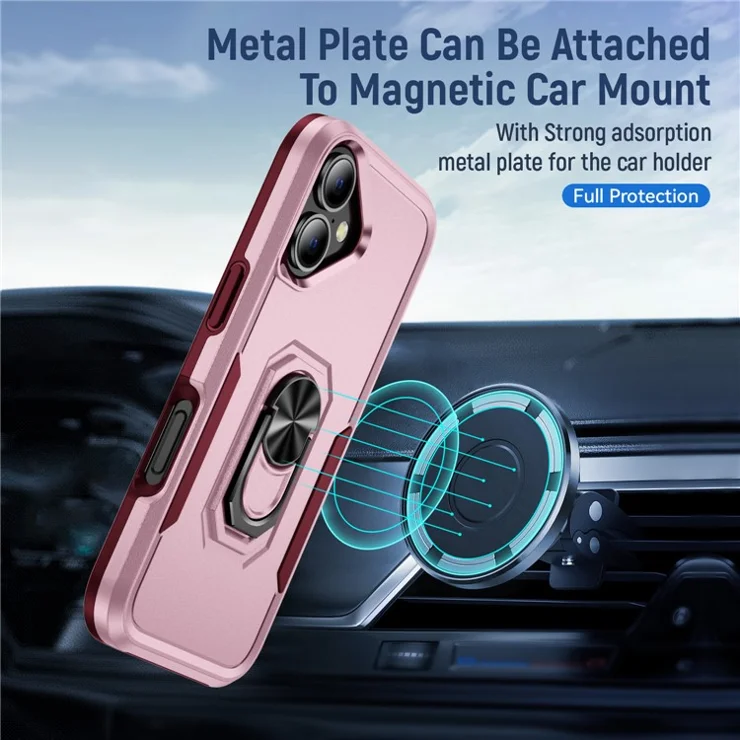 For iPhone 16 Case Military Grade Ring Kickstand PC+TPU Phone Cover - Pink+Rose