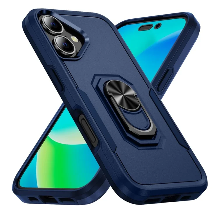 For iPhone 16 Plus Case Military Grade Ring Kickstand PC+TPU Phone Cover - Blue