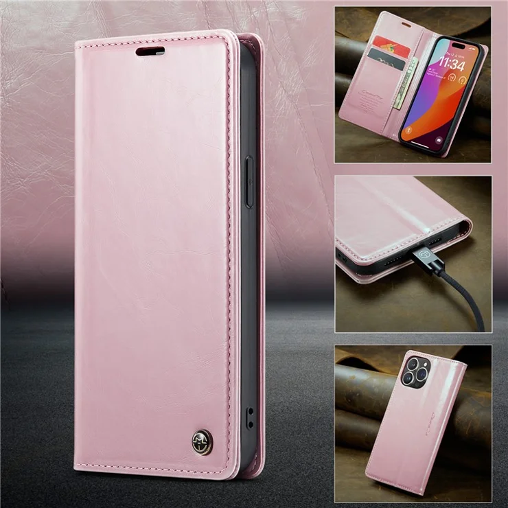 CASEME 003 Series For iPhone 16 Pro Max Case Retro Leather Wallet Flip Phone Cover - Pink