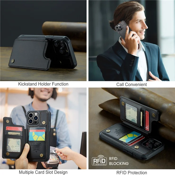 For iPhone 16 Pro Max Phone Case CASEME C22 Leather Back Cover with RFID Blocking Card Slots - Black