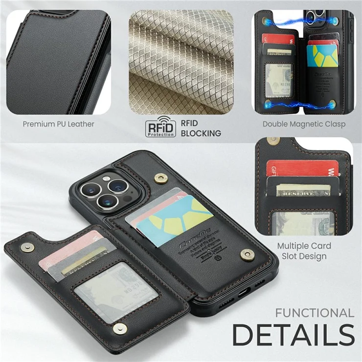 For iPhone 16 Pro Max Phone Case CASEME C22 Leather Back Cover with RFID Blocking Card Slots - Black