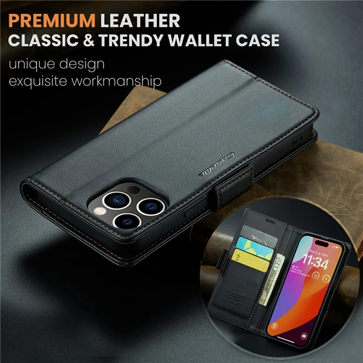 For iPhone 16 Pro Max Leather Case CASEME 023 RFID Blocking 3 Card Slot Mobile Cover - Black