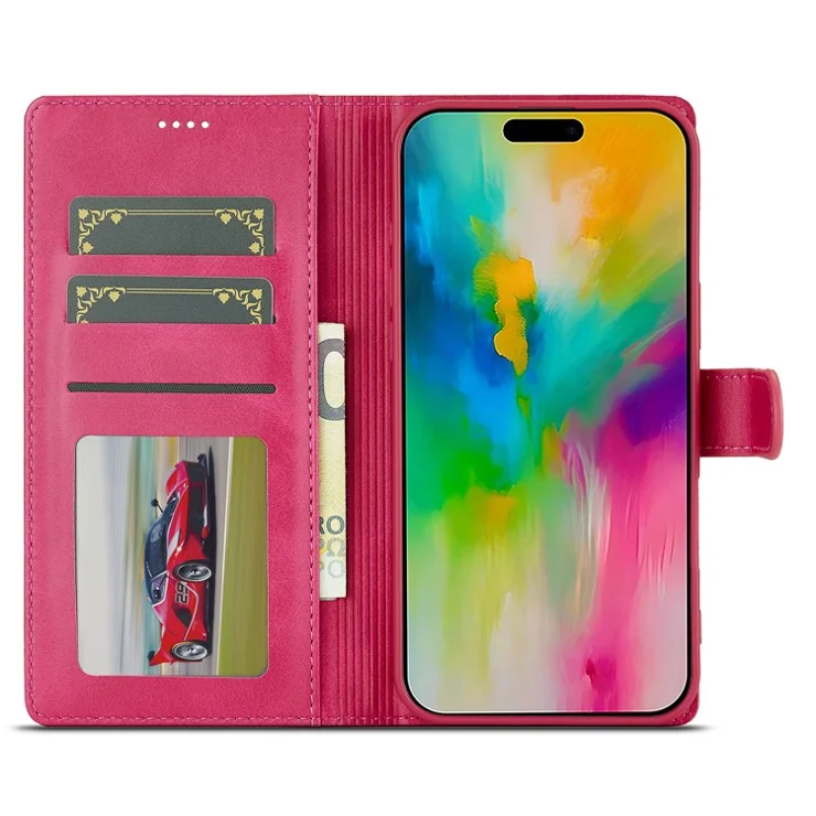LC.IMEEKE For iPhone 16 Case Calf Texture PU Leather Stand Wallet Phone Cover - Rose