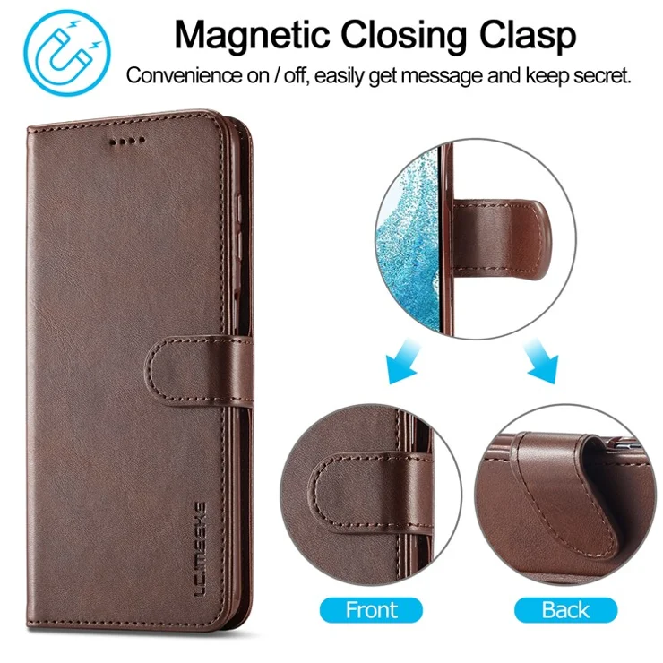 LC.IMEEKE For Samsung Galaxy S24 FE Case Calf Texture PU Leather Stand Wallet Phone Cover - Brown