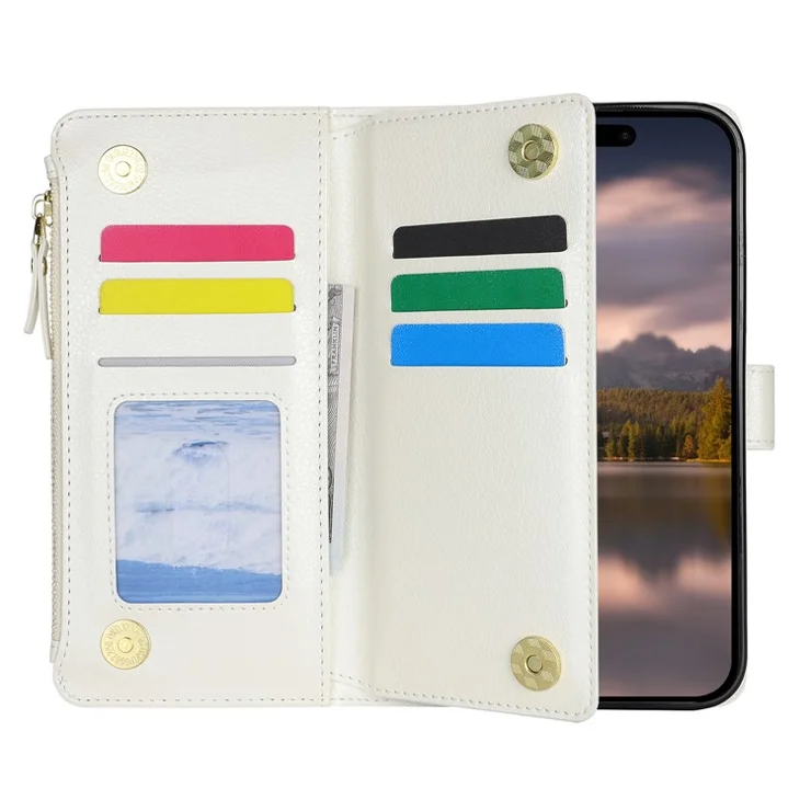 XL-001 For iPhone 15 Pro Max Case Zipper Pocket Wristband Stand Leather Phone Cover - White
