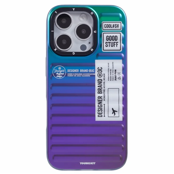 YOUNGKIT For iPhone 16 Pro Max Case Suitcase Style TPU + Aluminium Alloy Laser Gradient Phone Cover - Green / Blue / Purple