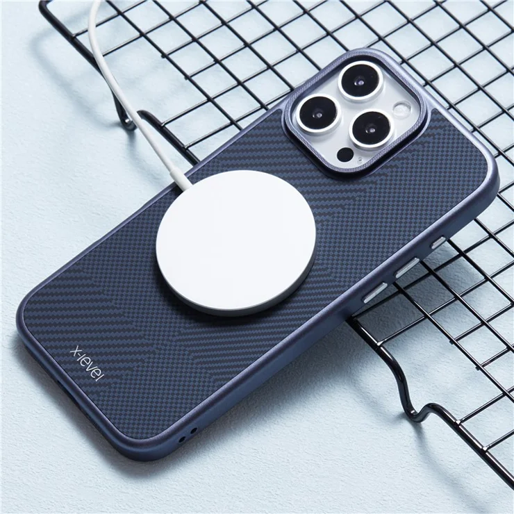 X-LEVEL For iPhone 16 Pro Max Magnetic Case Hard PC Phone Cover Carbon Nano-Fiber Texture - Blue