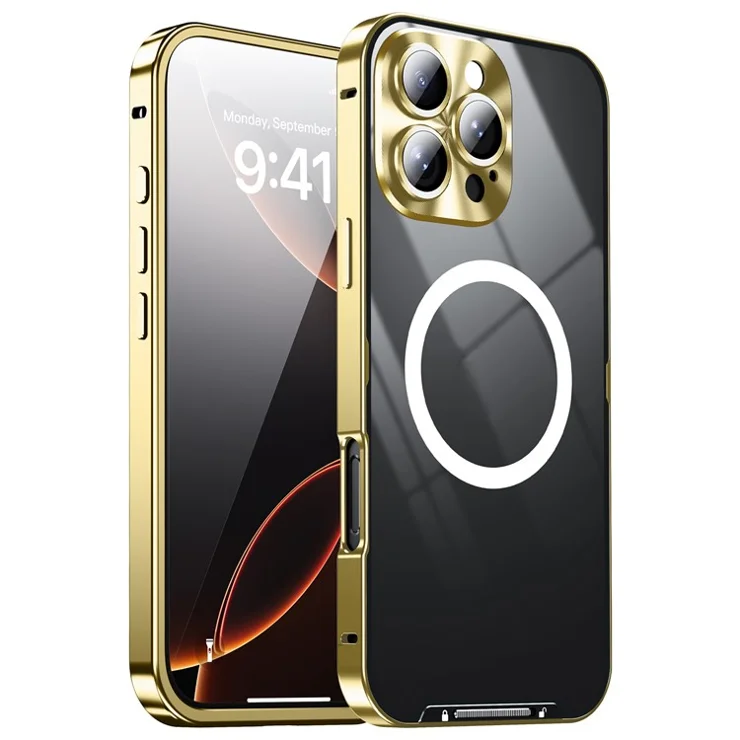 For iPhone 16 Pro Case Compatible with MagSafe Metal Frame Matte Phone Cover - Gold