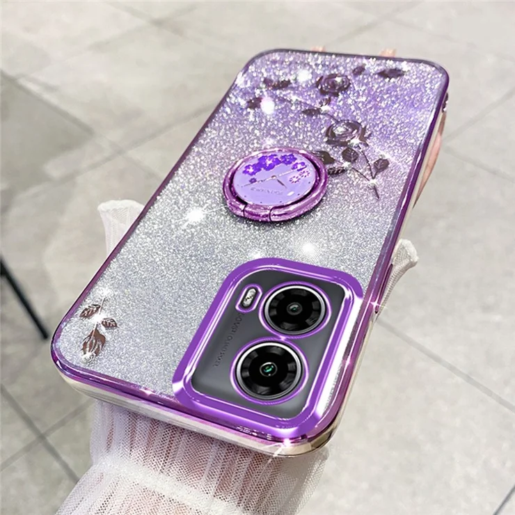 KADEM For Motorola Moto G85 5G / S50 Neo 5G Case Ring Kickstand TPU Flowers Phone Cover Gradient Glitter - Purple