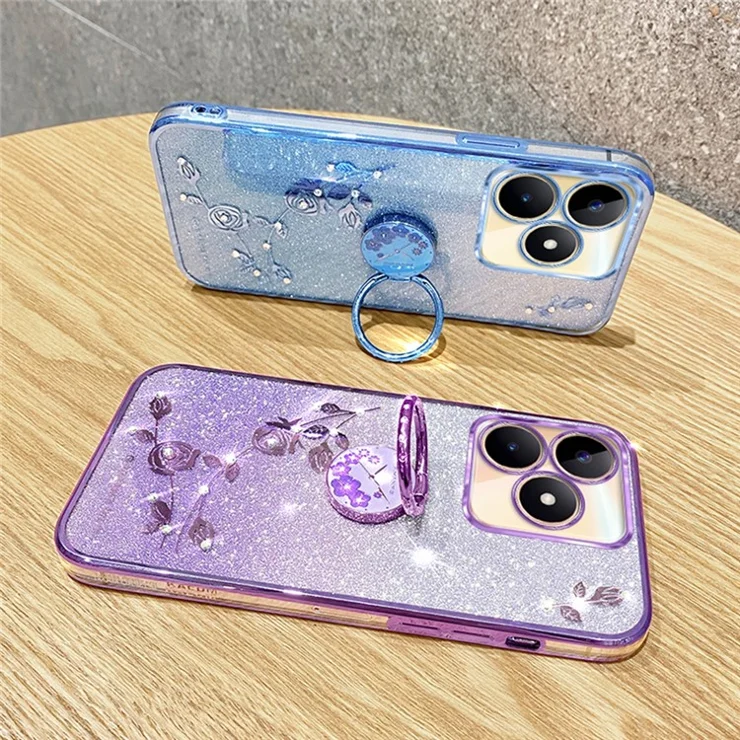 KADEM For Honor X60i 5G Case Ring Kickstand TPU Flowers Phone Cover Gradient Glitter - Blue