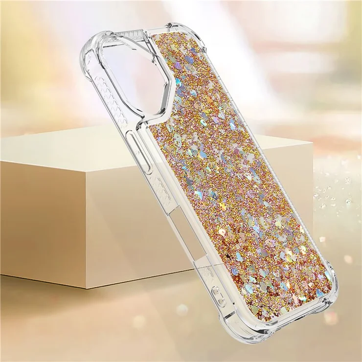 For iPhone 16 Plus TPU Case Glitter Quicksand Shockproof Phone Back Cover - Gold / Hearts