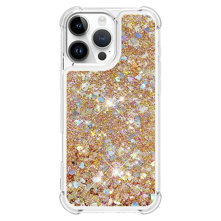 For iPhone 16 Pro Max TPU Case Glitter Quicksand Shockproof Phone Back Cover - Gold / Hearts