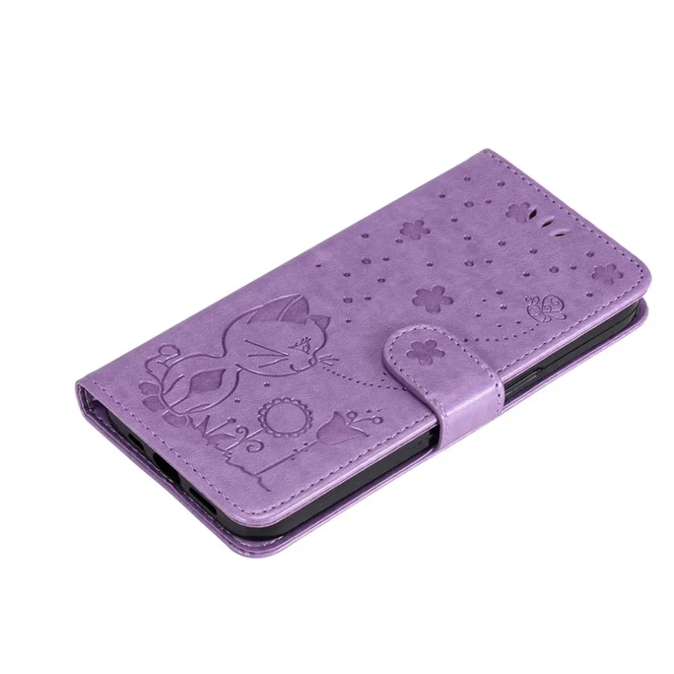 For Samsung Galaxy A26 5G / A16 5G / A16 4G Leather Case Cat Bee Pattern Phone Cover Wallet Stand with Strap - Light Purple
