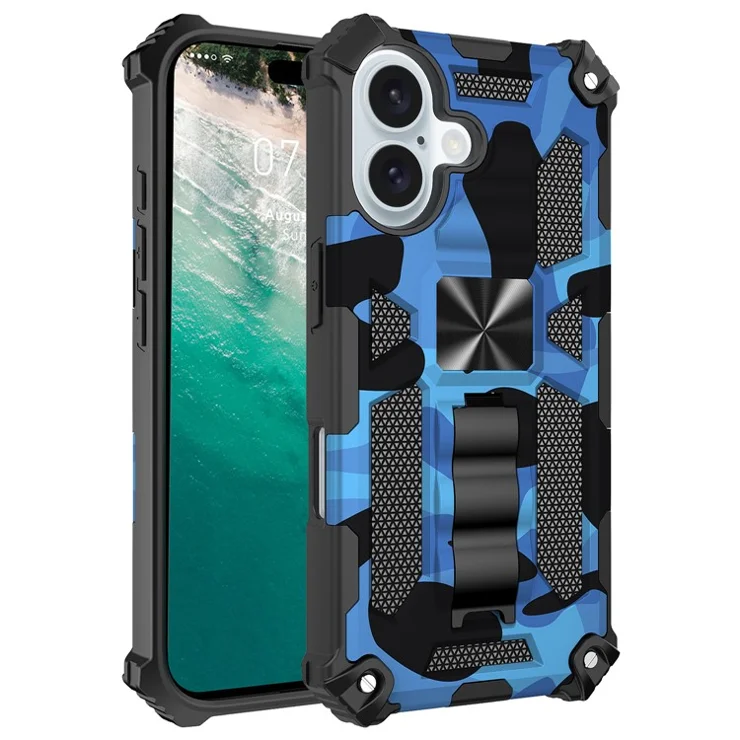 For iPhone 16 Plus Case Kickstand PC+TPU Camouflage Military Grade Phone Cover - Blue