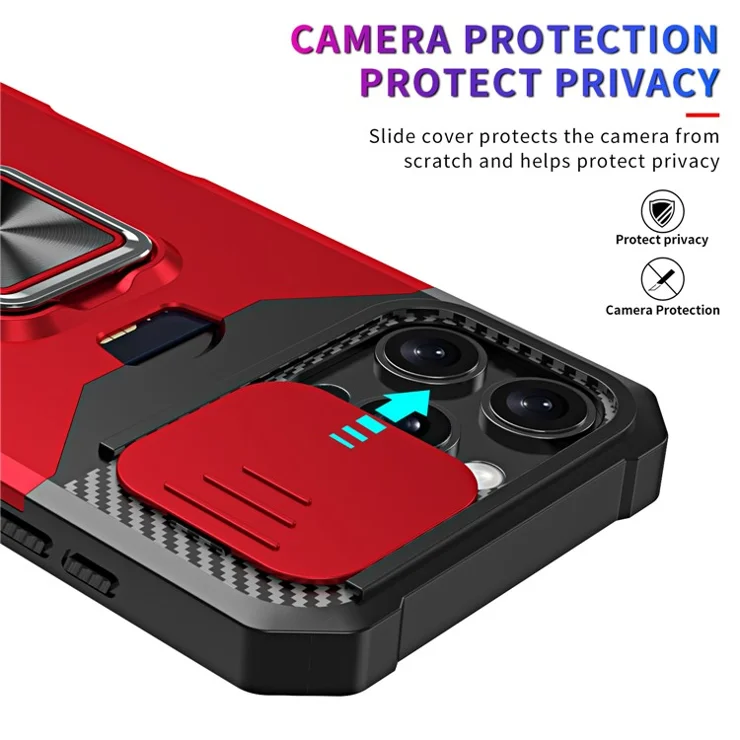 For iPhone 16 Pro Kickstand Case Slide Lens Lid PC+TPU Phone Cover with Card Slot - Red