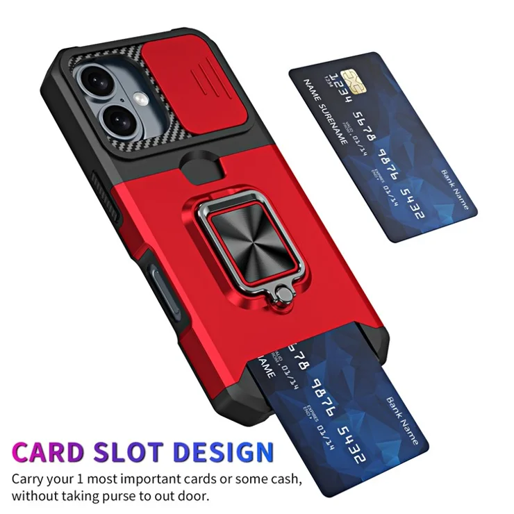 For iPhone 16 Kickstand Case Slide Lens Lid PC+TPU Phone Cover with Card Slot - Red