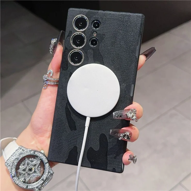 For Samsung Galaxy S24 Ultra Magnetic Case Camouflage Pattern Shockproof PC+PU Phone Cover - Black