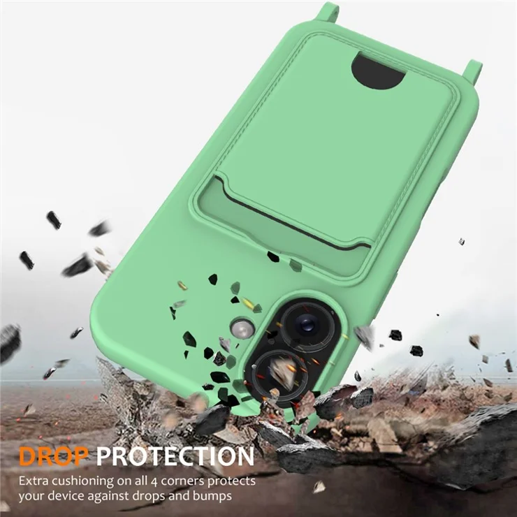 For iPhone 16 Plus Case Liquid Silicone Card Holder Phone Back Cover with Lanyard - Green