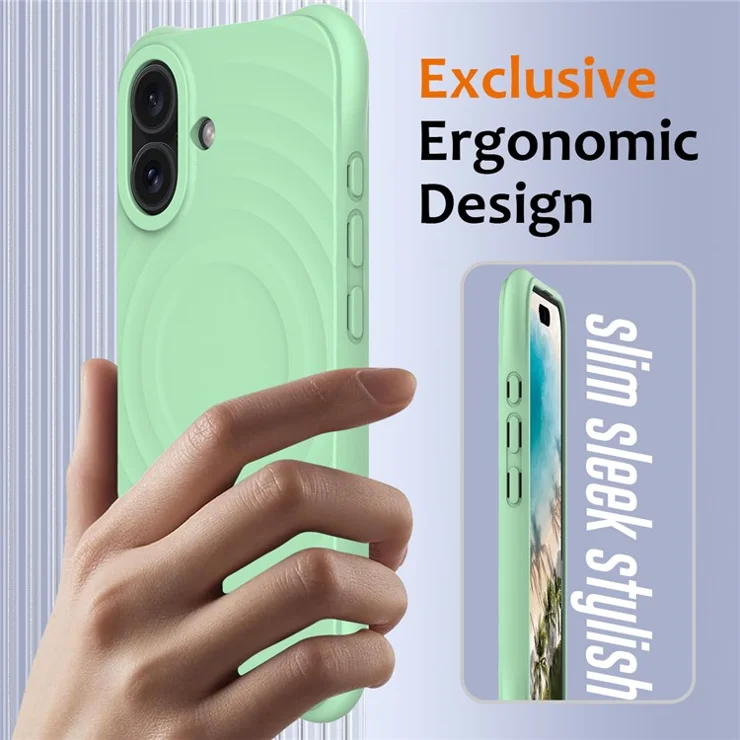 For iPhone 16 Plus Case Compatible with MagSafe Ripple Texture Liquid Silicone Protective Cover with Strap - Green