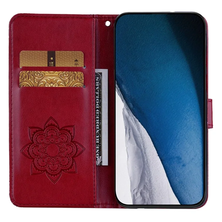 For iPhone 16 Pro Max Wallet Case Owl Flower Imprinted Rhinestone Leather Cover - Red