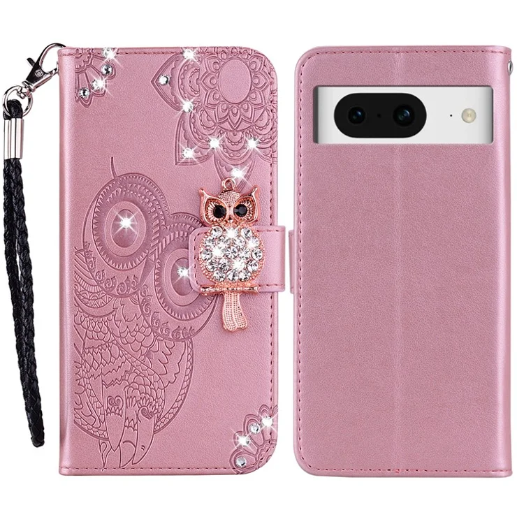 For Google Pixel 9 Pro / Pixel 9 Wallet Case Owl Flower Imprinted Rhinestone Leather Cover - Rose Gold