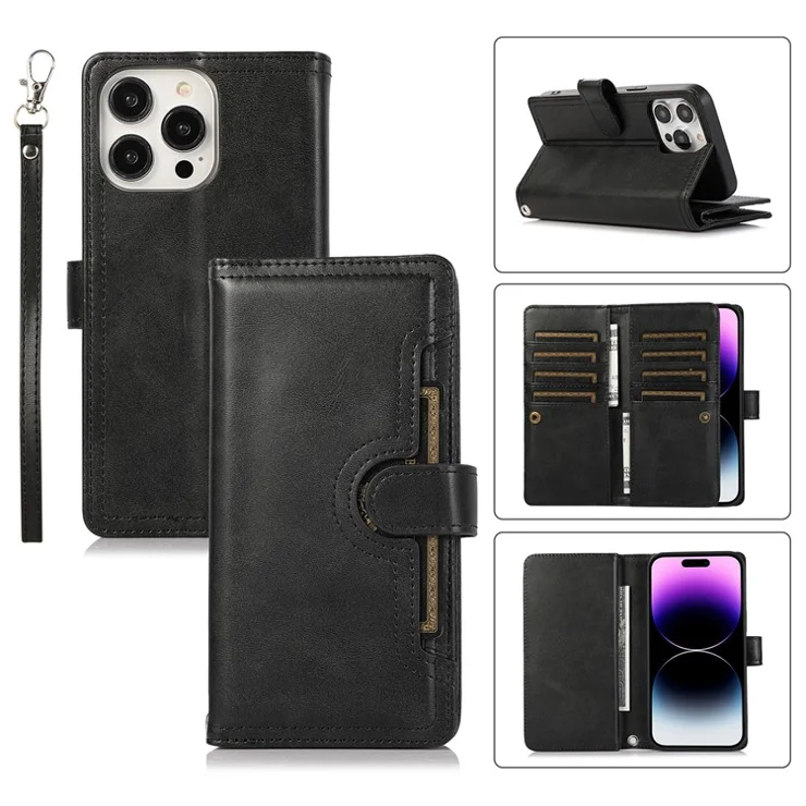 For iPhone 16 Pro Max Case Split Leather Magnetic Wallet Phone Protector with Wrist Strap - Black