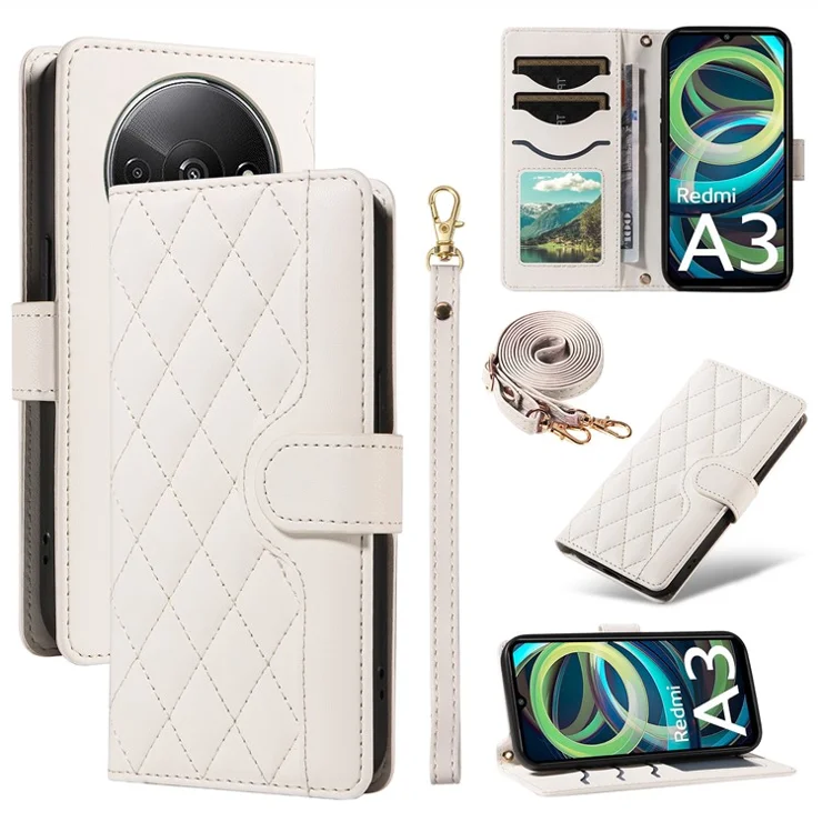 For Xiaomi Poco C61 4G / Redmi A3 4G Case Wallet Rhombus Leather Phone Cover with Shoulder Strap, Wrist Strap - White