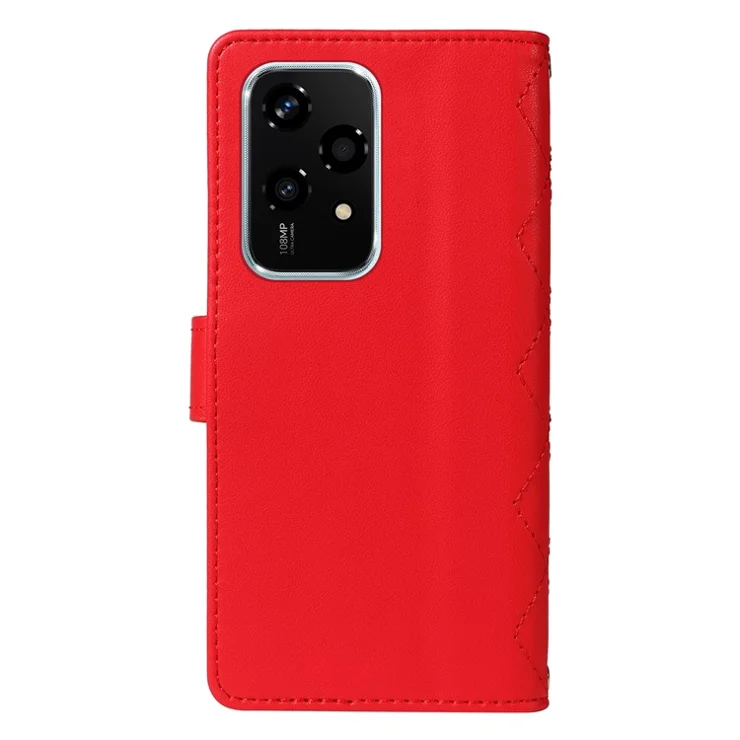 For Honor 200 Lite Case Wallet Rhombus Leather Phone Cover with Shoulder Strap, Wrist Strap - Red