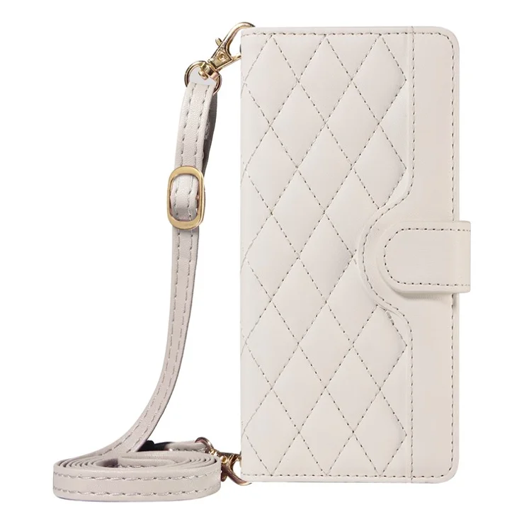 For Realme GT 6 5G Case Wallet Rhombus Leather Phone Cover with Shoulder Strap, Wrist Strap - White
