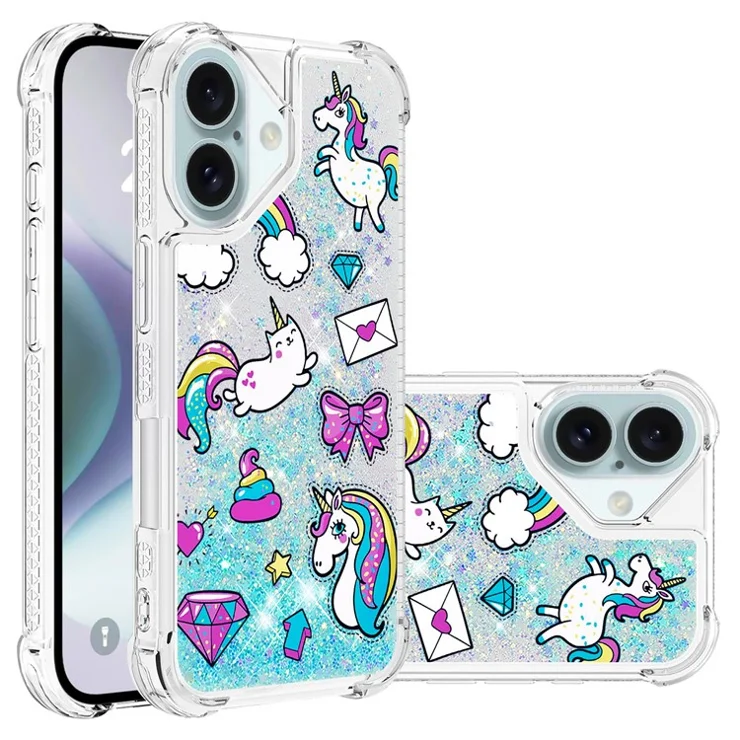 For iPhone 16 Plus TPU Case with Quicksand and Pattern Printed - Horse and Diamond