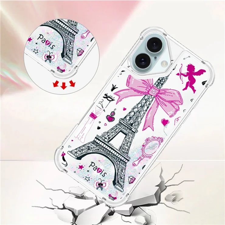 For iPhone 16 TPU Case with Quicksand and Pattern Printed - Mirror / Tower