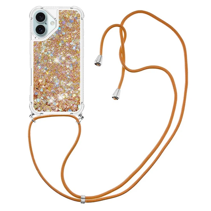 For iPhone 16 Plus TPU Case Quicksand Design Phone Cover with Lanyard - Gold / Hearts