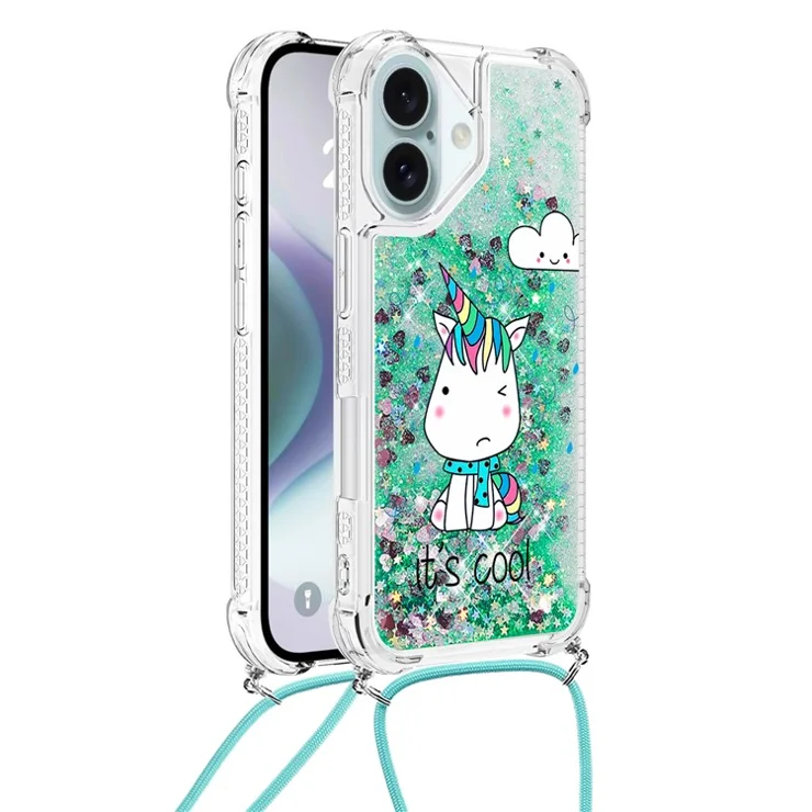 For iPhone 16 Plus TPU Case with Lanyard Quicksand Pattern Print Phone Cover - Sitting Horse