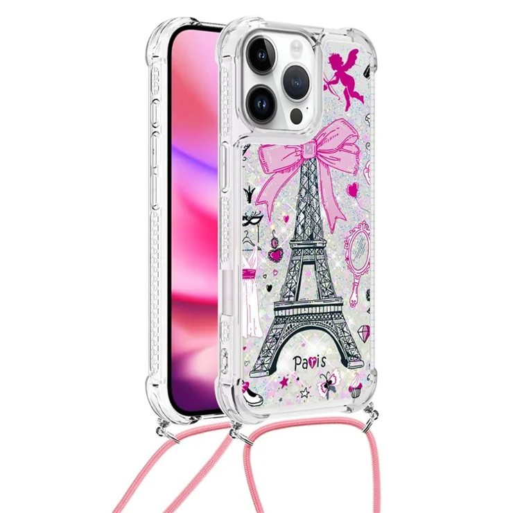 For iPhone 16 Pro Max TPU Case with Lanyard Quicksand Pattern Print Phone Cover - Mirror / Tower