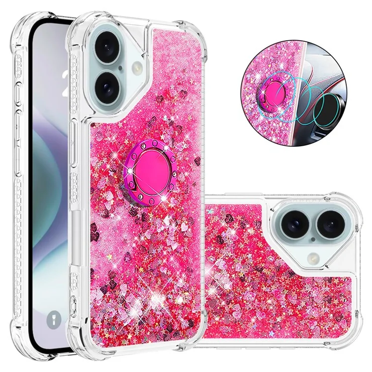 For iPhone 16 TPU Case with Kickstand Quicksand Shockproof Cover - Pink / Hearts