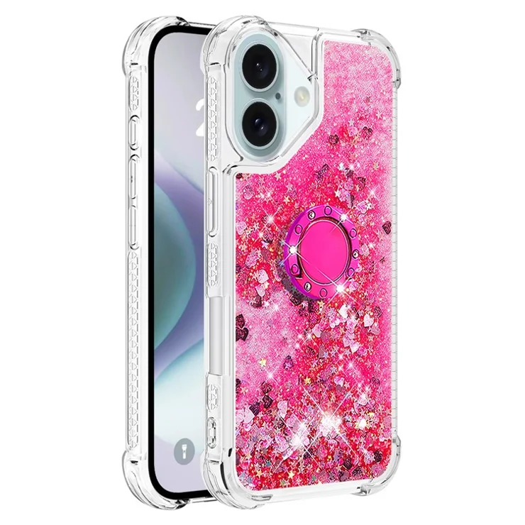For iPhone 16 TPU Case with Kickstand Quicksand Shockproof Cover - Pink / Hearts